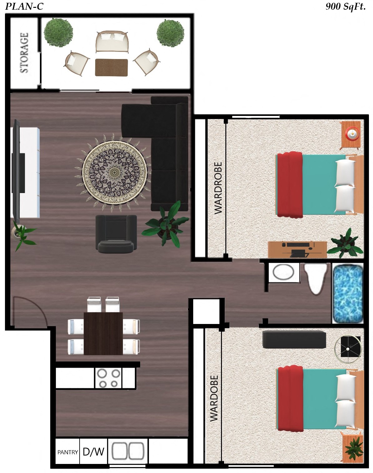 Floor plan for 2 beds, 1 bath, 890 sqft